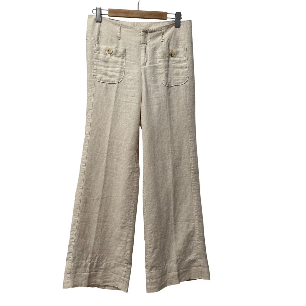 Banana Republic Womens Beige 100% Linen Wide Leg Patch Pocket Trousers Size 6